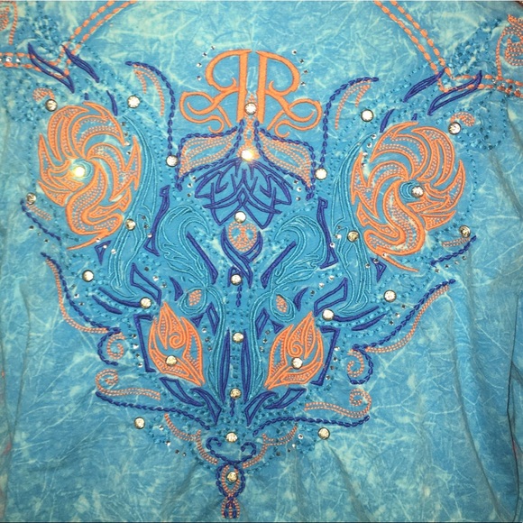ROAR Embellished Blue & Orange Western Shirt Large - Picture 7 of 16